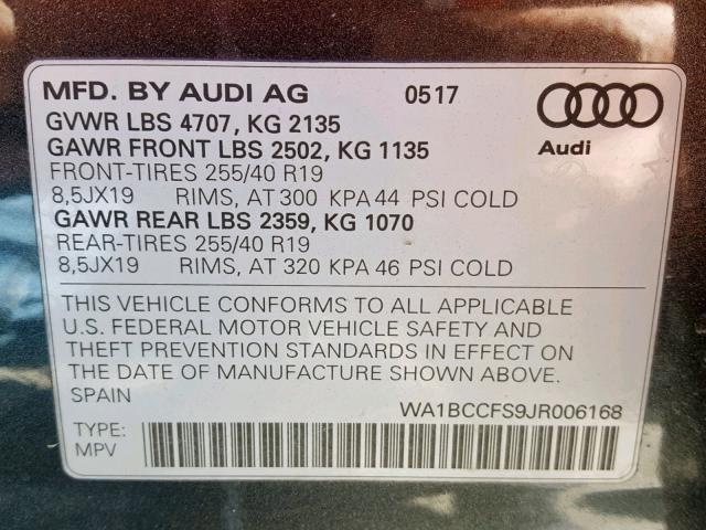 WA1BCCFS9JR006168 - 2018 AUDI Q3 PREMIUM GRAY photo 10