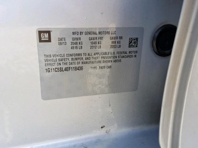 1G11C5SL4EF118436 - 2014 CHEVROLET MALIBU 1LT ვერცხლისფერი ფოტო 10