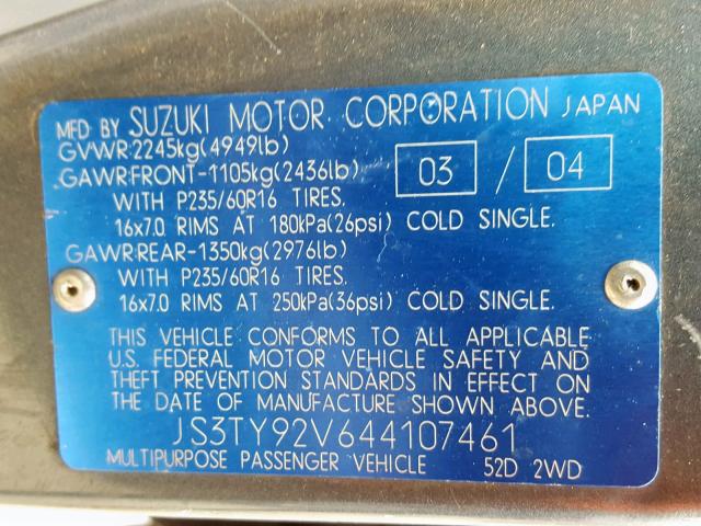 JS3TY92V644107461 - 2004 SUZUKI XL7 EX GRAY photo 10