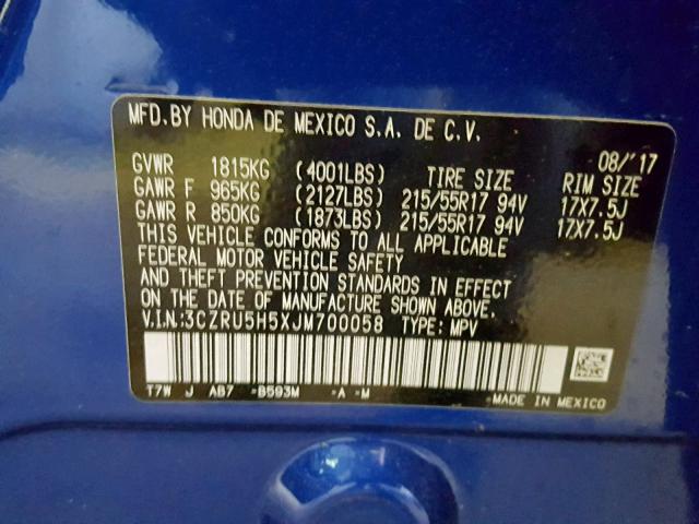 3CZRU5H5XJM700058 - 2018 HONDA HR-V EX BLUE photo 10