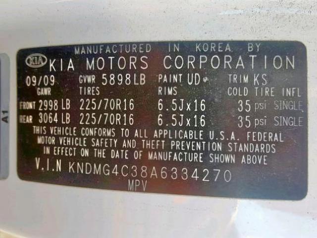 KNDMG4C38A6334270 - 2010 KIA SEDONA LX WHITE photo 10