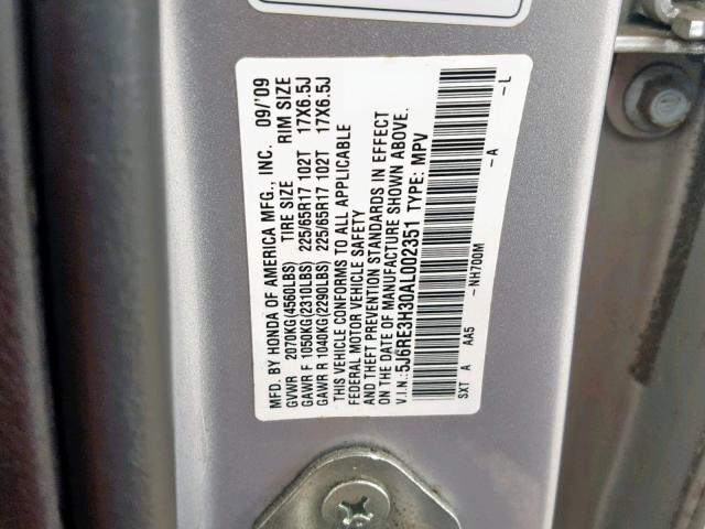 5J6RE3H30AL002351 - 2010 HONDA CR-V LX SILVER photo 10