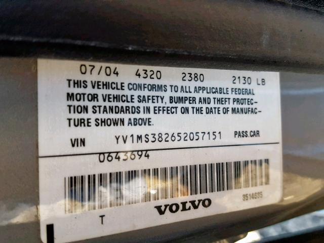 YV1MS382652057151 - 2005 VOLVO S40 2.4I GRAY photo 10