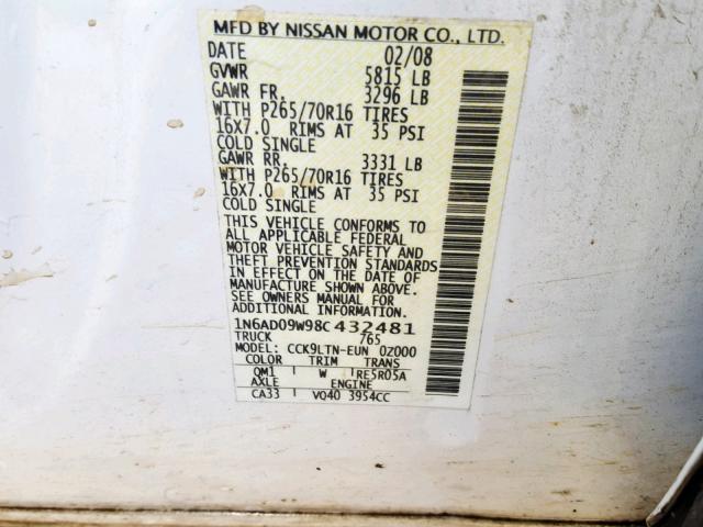 1N6AD09W98C432481 - 2008 NISSAN FRONTIER C WHITE photo 10