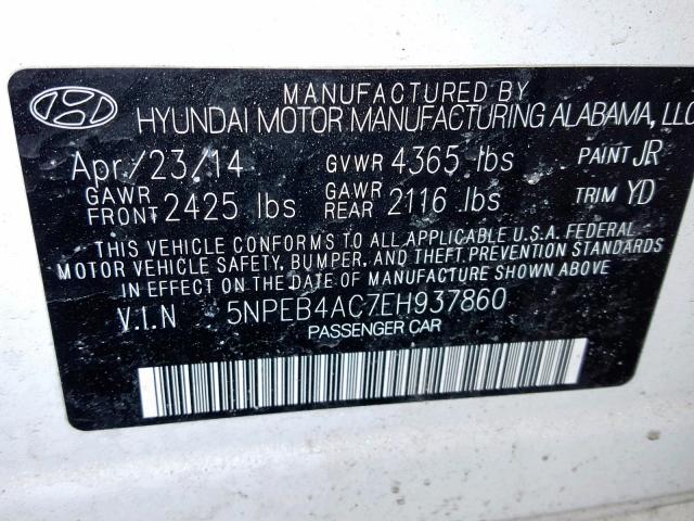 5NPEB4AC7EH937860 - 2014 HYUNDAI SONATA GLS WHITE photo 10