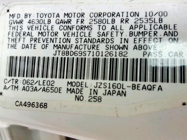 JT8BD69S710126182 - 2001 LEXUS GS 300 WHITE photo 10