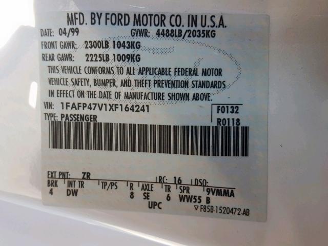 1FAFP47V1XF164241 - 1999 FORD MUSTANG CO WHITE photo 10