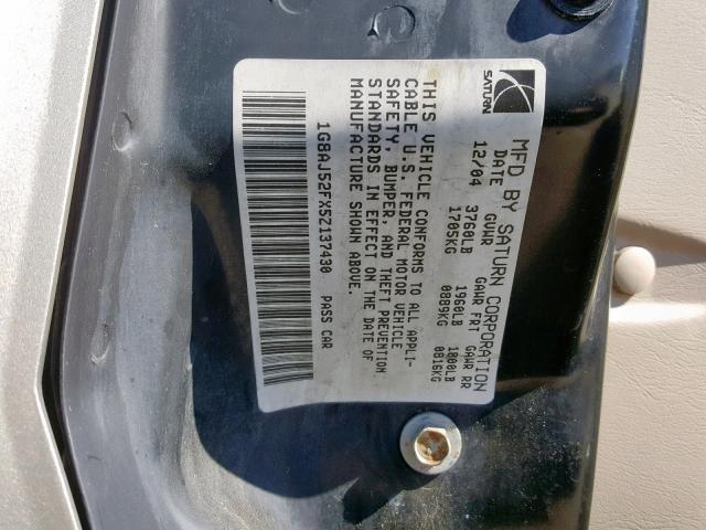1G8AJ52FX5Z137430 - 2005 SATURN ION LEVEL GOLD photo 10