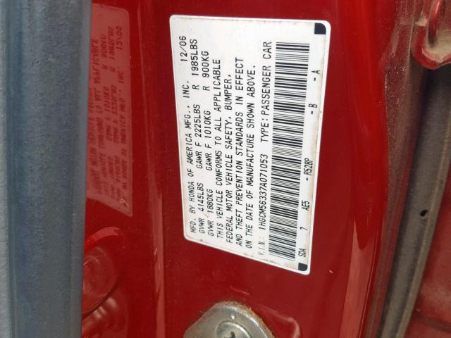 1HGCM56337A071053 - 2007 HONDA ACCORD SE RED photo 10