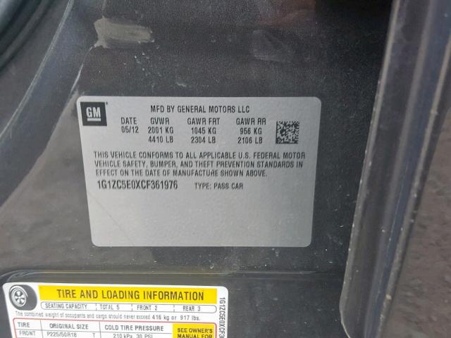 1G1ZC5E0XCF361976 - 2012 CHEVROLET MALIBU 1LT 灰色 照片 10
