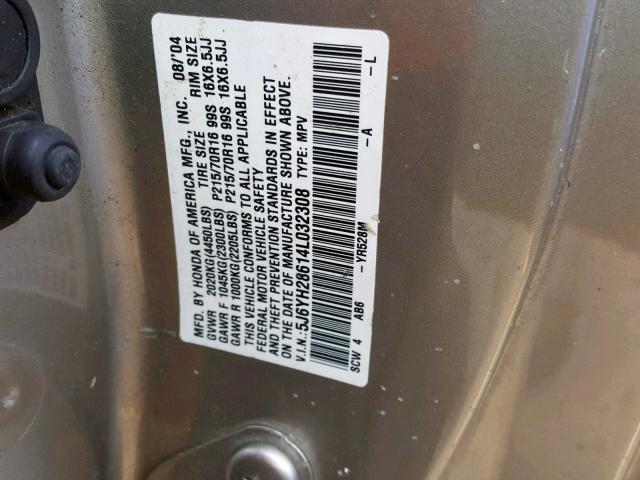 5J6YH28614L032308 - 2004 HONDA ELEMENT EX GRAY photo 10