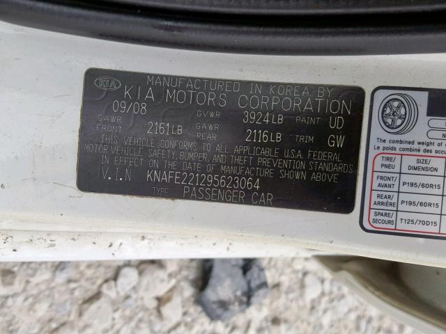 KNAFE221295623064 - 2009 KIA SPECTRA EX WHITE photo 10