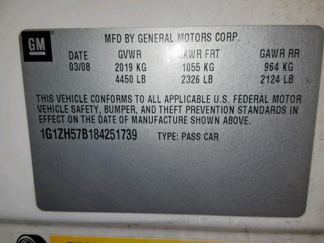 1G1ZH57B184251739 - 2008 CHEVROLET MALIBU 1LT 白色 照片 10