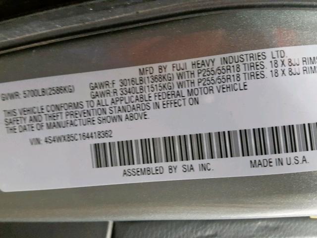 4S4WX85C164418362 - 2006 SUBARU B9 TRIBECA SILVER photo 10