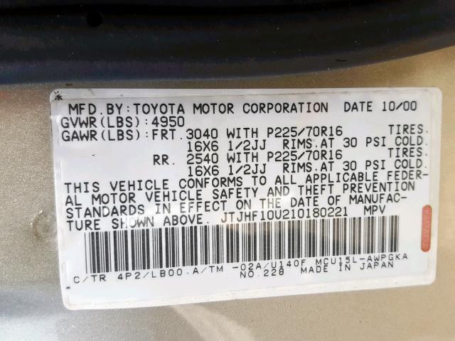 JTJHF10U210180221 - 2001 LEXUS RX 300 TAN photo 10