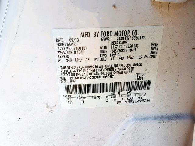 2FMDK3JC3DBE06067 - 2013 FORD EDGE SEL WHITE photo 10