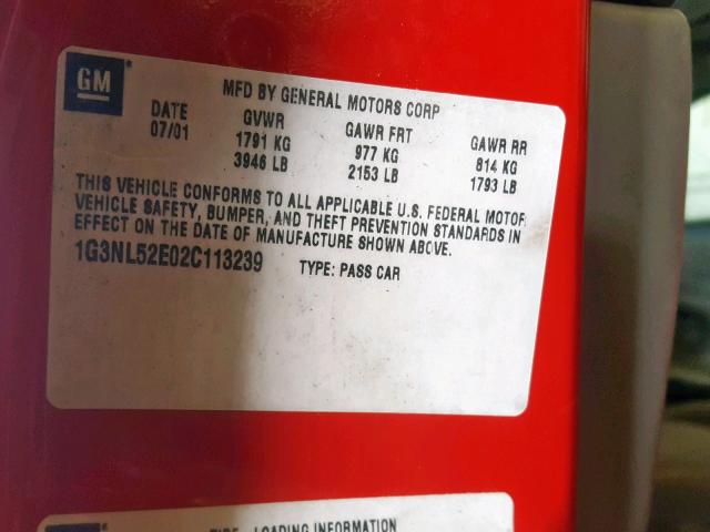 1G3NL52E02C113239 - 2002 OLDSMOBILE ALERO GL RED photo 10