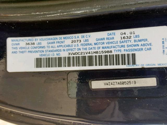 3VWDC21V41M815988 - 2001 VOLKSWAGEN CABRIO GLX BLUE photo 10