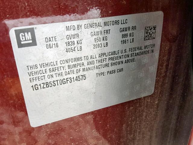 1G1ZB5ST0GF314575 - 2016 CHEVROLET MALIBU LS MAROON photo 10