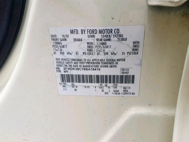 2FMDK38C78BA18416 - 2008 FORD EDGE SEL WHITE photo 10