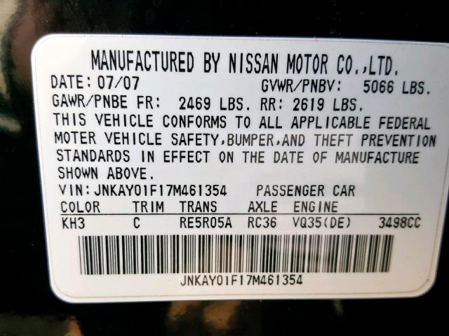 JNKAY01F17M461354 - 2007 INFINITI M35 BASE BLACK photo 10