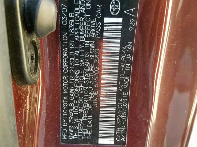 JTKDE167870213200 - 2007 TOYOTA SCION TC MAROON photo 10