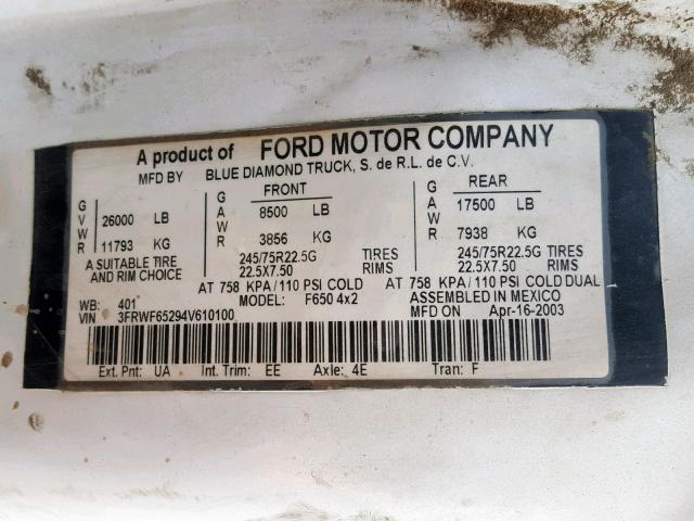 3FRWF65294V610100 - 2004 FORD F650 SUPER WHITE photo 10