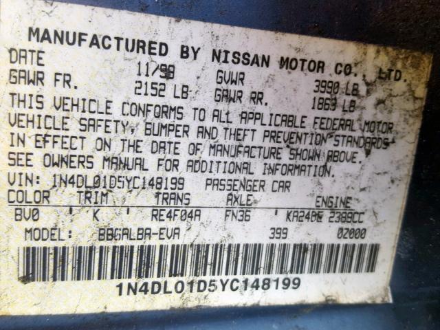 1N4DL01D5YC148199 - 2000 NISSAN ALTIMA XE BLUE photo 10