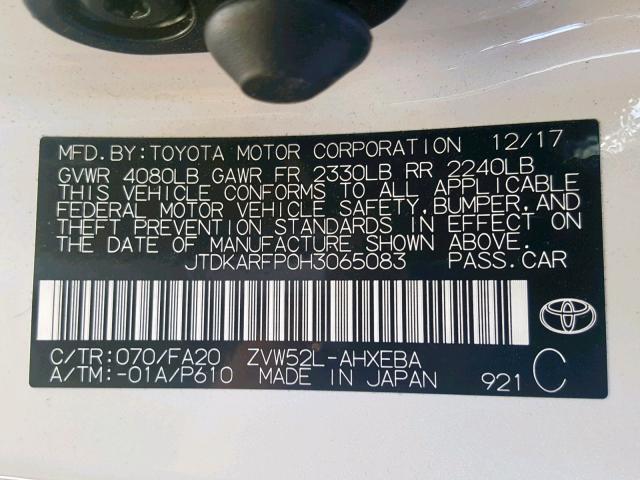 JTDKARFP0H3065083 - 2017 TOYOTA PRIUS PRIM 白色 照片 10