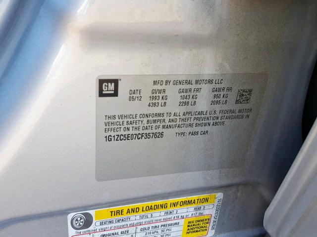 1G1ZC5E07CF357626 - 2012 CHEVROLET MALIBU 1LT 银色 照片 10