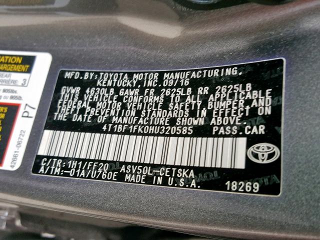 4T1BF1FK0HU320585 - 2017 TOYOTA CAMRY LE GRAY photo 10