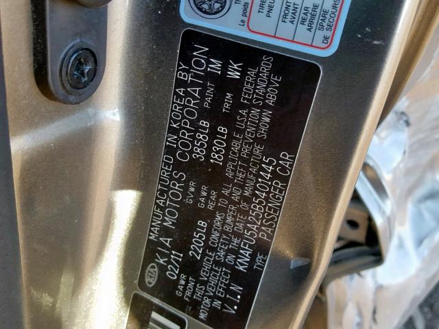 KNAFU5A25B5401445 - 2011 KIA FORTE EX GRAY photo 10