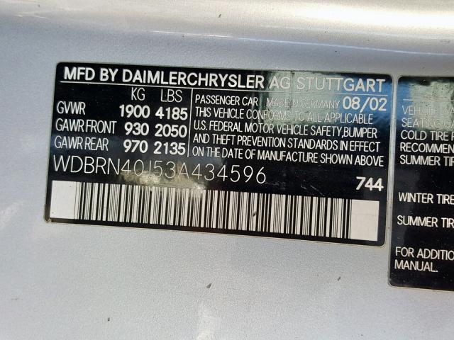 WDBRN40J53A434596 - 2003 MERCEDES-BENZ C 230K SPO SILVER photo 10