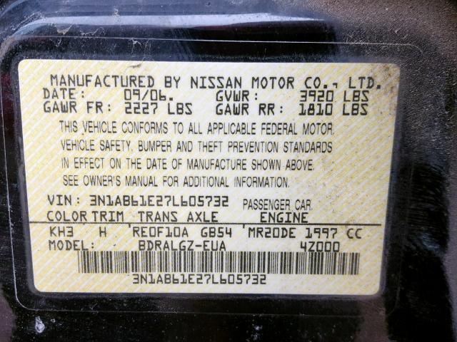 3N1AB61E27L605732 - 2007 NISSAN SENTRA 2.0 BLACK photo 10