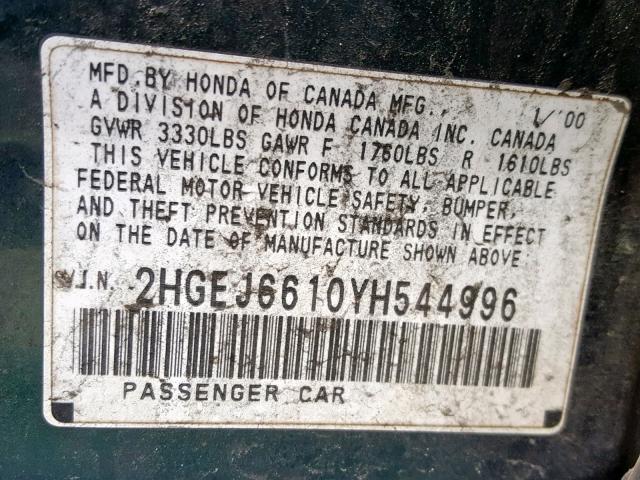 2HGEJ6610YH544996 - 2000 HONDA CIVIC BASE GREEN photo 10