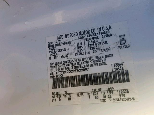 1FTYR10D22TA22097 - 2002 FORD RANGER WHITE photo 10