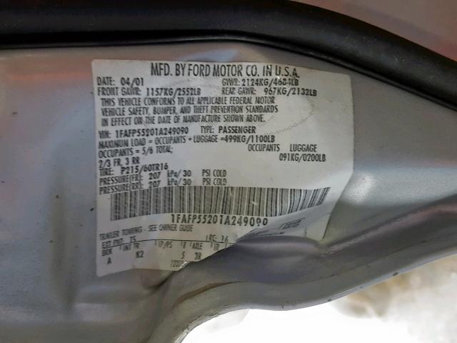 1FAFP55201A249090 - 2001 FORD TAURUS SES SILVER photo 10