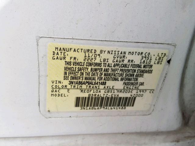 3N1AB6AP9AL641488 - 2010 NISSAN SENTRA 2.0 WHITE photo 10