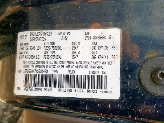 1B7GG2AN7YS691429 - 2000 DODGE DAKOTA QUA BLUE photo 10