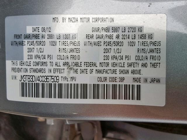 JM3TB3DV4C0367509 - 2012 MAZDA CX-9 GRAY photo 10