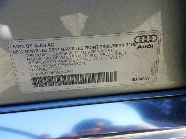 WAURGAFD8DN004564 - 2013 AUDI A8 L QUATT GRAY photo 10