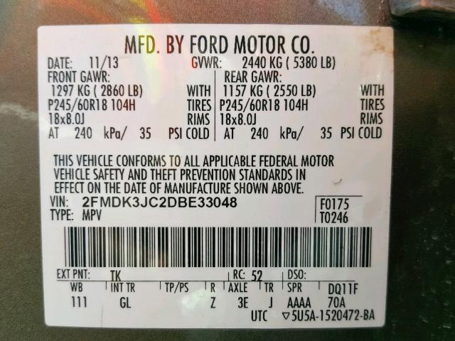 2FMDK3JC2DBE33048 - 2013 FORD EDGE SEL BEIGE photo 10