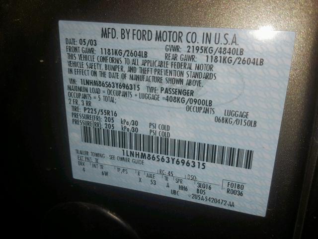1LNHM86S63Y696315 - 2003 LINCOLN LS GRAY photo 10
