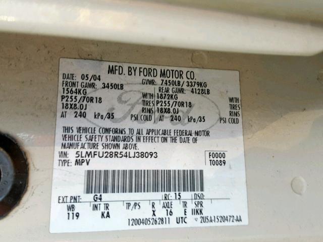 5LMFU28R54LJ38093 - 2004 LINCOLN NAVIGATOR Ağ foto 10