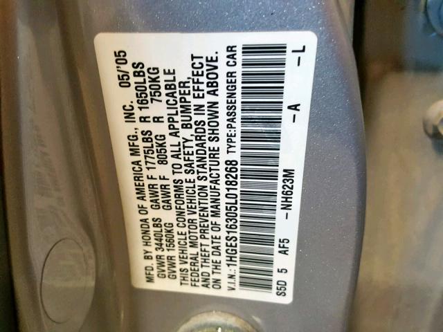 1HGES16305L018268 - 2005 HONDA CIVIC DX V SILVER photo 10