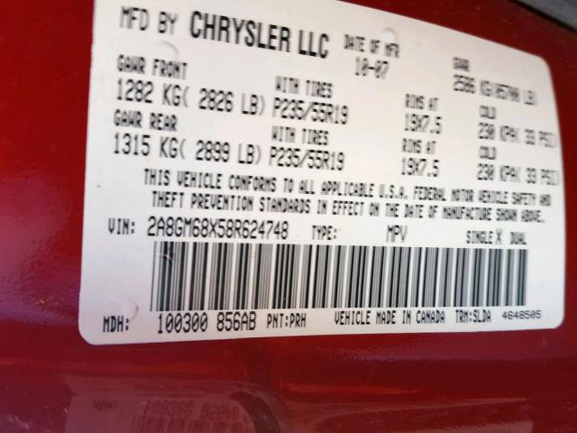 2A8GM68X58R624748 - 2008 CHRYSLER PACIFICA T RED photo 10