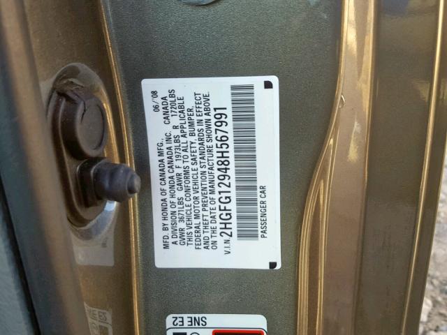 2HGFG12948H567991 - 2008 HONDA CIVIC EXL GRAY photo 10