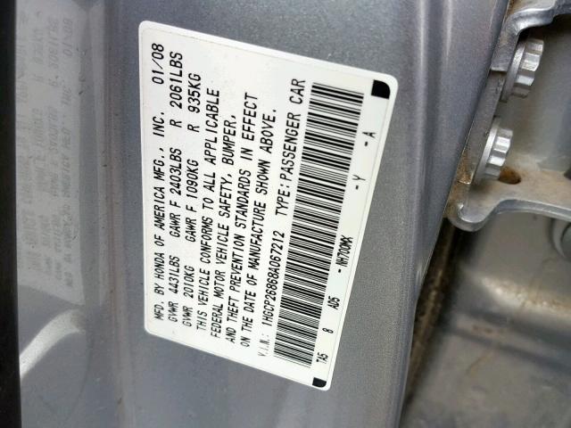 1HGCP26868A067212 - 2008 HONDA ACCORD EXL SILVER photo 10