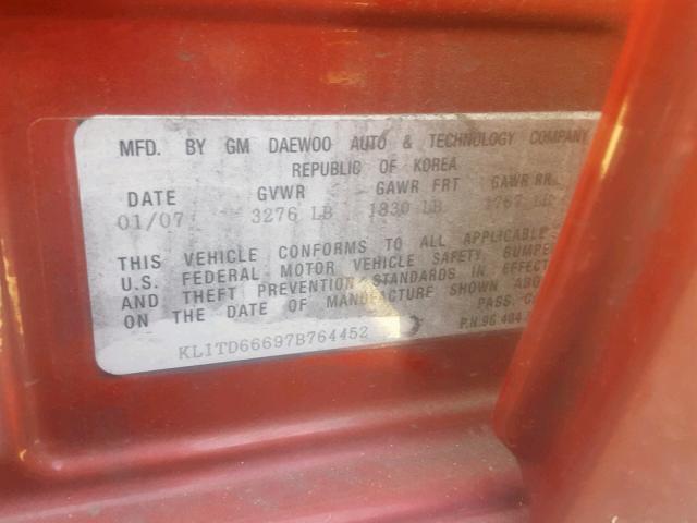 KL1TD66697B764452 - 2007 CHEVROLET AVEO BASE წითელი ფოტო 10