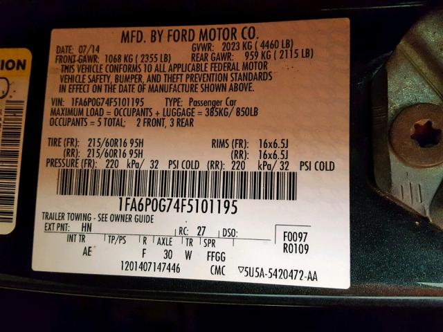 1FA6P0G74F5101195 - 2015 FORD FUSION S BLACK photo 10